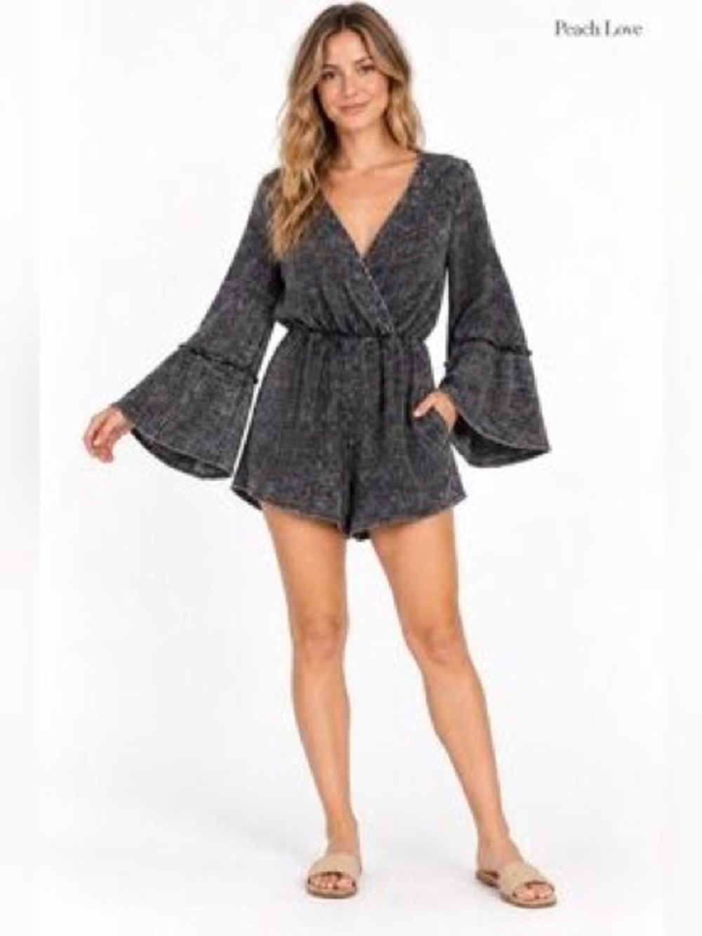 Peach Love California Charcoal Wrap Romper with Bell Sleeves